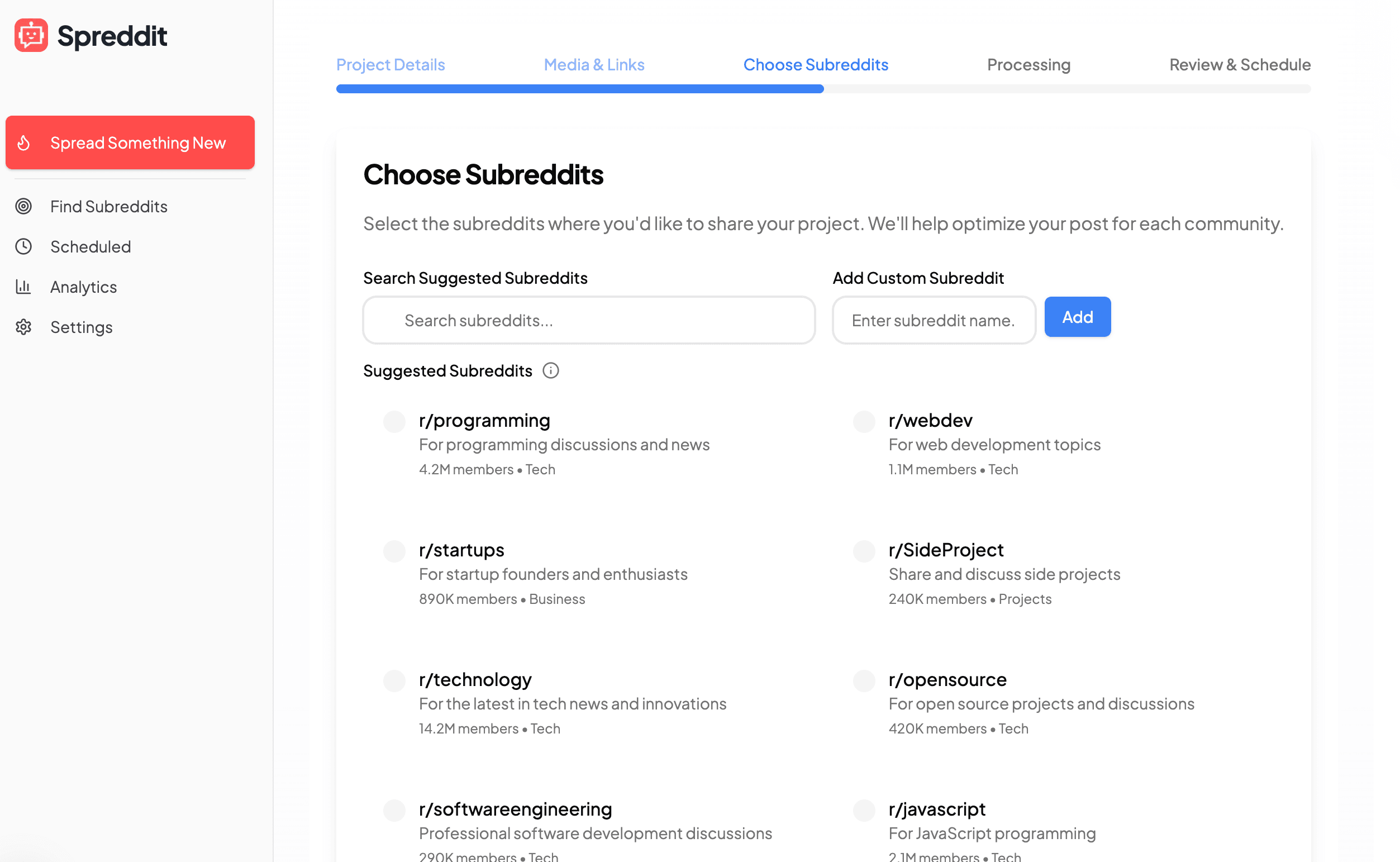 Choose Subreddits Interface
